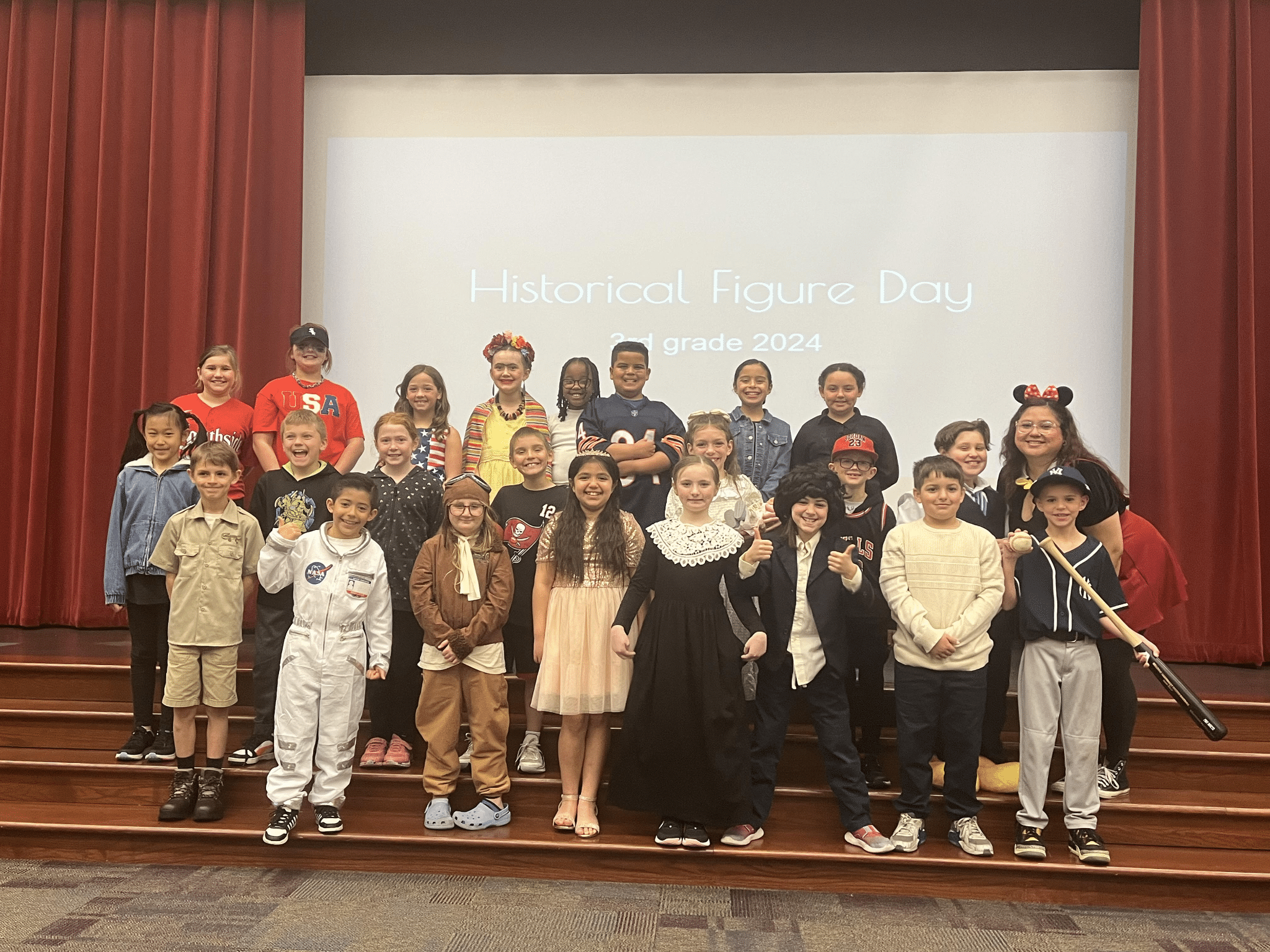 Mrs. Walters’ class did an amazing job with their historical figure presentations. The picture shows the students dressed in character for their presentations.